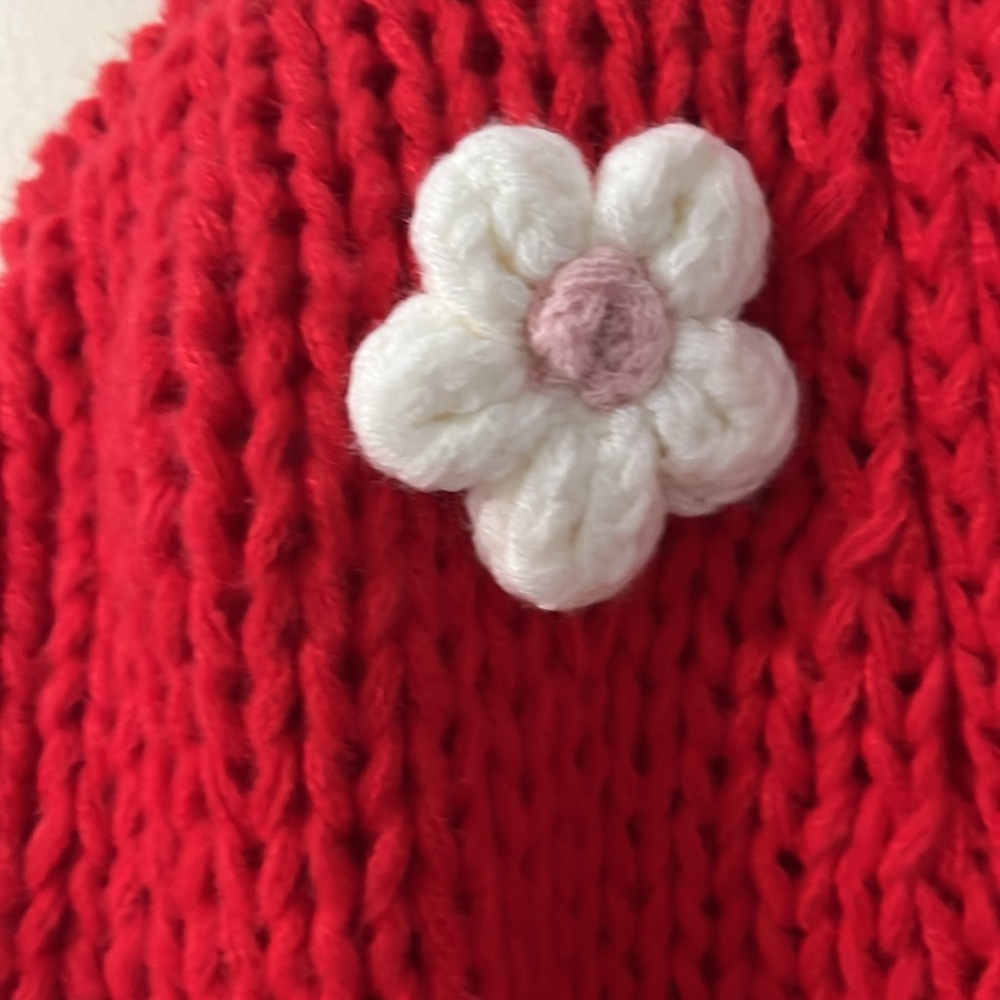 LUNA IVY Red Chunky Knit Crocheted Flower Crochet Rosette Cardigan Sweater S - Picture 6 of 9